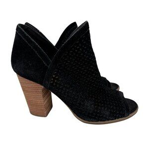 Lucky Brand Perforated Leather Bootie Size 8 Black Suede Heel Peep Toe Boot